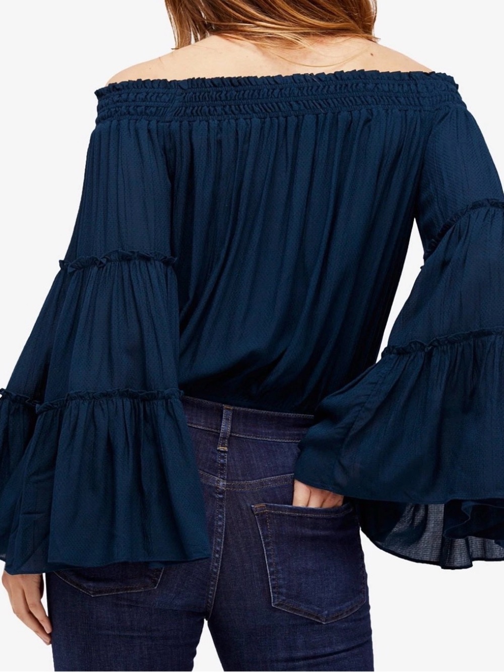 Free people free spirit blue off the shoulder top boho large - Picture 2 of 7